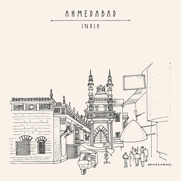 Ahmedabad Gujarat India Művészi Képeslap Egy Mecset Gandhi Mellett Régi — Stock Vector