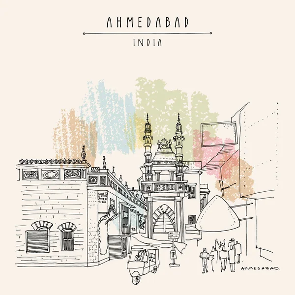 Ahmedabad Gudžarát Indie Umělecká Pohlednice Mešita Poblíž Gándhího Silnice Staré — Stockový vektor