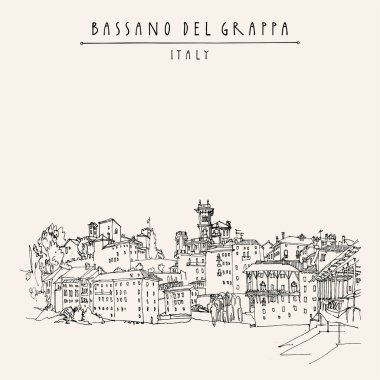 Bassano del Grappa, İtalya turistik kartpostalı. Panoramik manzara, deniz kenarı. Eski şehirdeki İtalyan tarihi binaları. Retro tarzı kartpostal, poster şablonu veya takvim illüstrasyonu