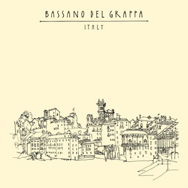 Bassano del Grappa, İtalya turistik kartpostalı. Panoramik manzara, deniz kenarı. Eski şehirdeki İtalyan tarihi binaları. Retro tarzı kartpostal, poster şablonu veya takvim illüstrasyonu