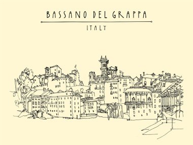 Bassano del Grappa, İtalya turistik kartpostalı. Panoramik manzara, deniz kenarı. Eski şehirdeki İtalyan tarihi binaları. Retro tarzı kartpostal, poster şablonu veya takvim illüstrasyonu