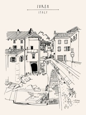 Ivrea, İtalya, Avrupa turistik kartpostalları. İtalya 'nın kuzeybatısındaki Piedmont bölgesinde bir kasaba. Güzel eski binalar ve köprü. Seyahat skeci. Sanatsal el çizimi klasik kitap illüstrasyonu