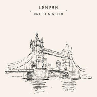 Londra, İngiltere, İngiltere turistik kartpostal. Tema Nehri 'ndeki ünlü kule köprüsü. İngiliz seyahat çizimi. İngiltere 'nin klasik seyahat el çizimi poster arka planı. Sanatsal illüstrasyon