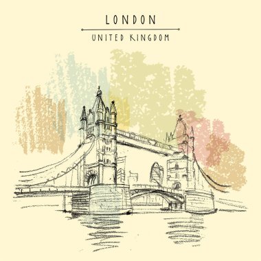 Londra, İngiltere, İngiltere turistik kartpostal. Tema Nehri 'ndeki ünlü kule köprüsü. İngiliz seyahat çizimi. İngiltere 'nin klasik seyahat el çizimi poster arka planı. Sanatsal illüstrasyon