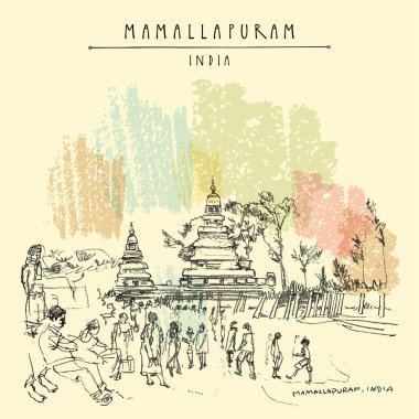 Mamallapuram (Mahabalipuram), Tamil Nadu, Hindistan kartpostalı. Pallava hanedanlığı 8. yüzyıl Shore Temple, sahilde Hintli turistler. Seyahat çizimi. Klasik el çizimi poster çizimi