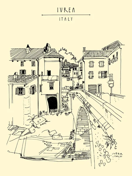 意大利依云 欧洲旅游明信片 意大利西北部皮埃蒙特地区的一个城镇 美丽的古建筑和桥梁 旅行草图 艺术风格手绘古籍插图 — 图库矢量图片