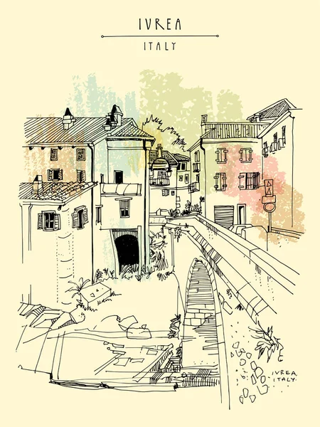 イヴレア イタリア ヨーロッパ観光はがき イタリア北西部のピエモンテ州の町 美しい古い建物や橋 旅行のスケッチ 手描きヴィンテージブックイラスト — ストックベクタ