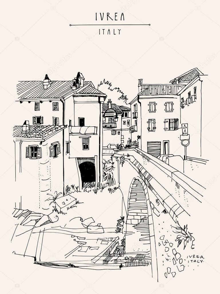 Ivrea, Italy, Europe touristic postcard. A town in the Piedmont region of northwestern Italy. Beautiful old buildings and bridge. Travel sketch. Artistic hand drawn vintage book illustration