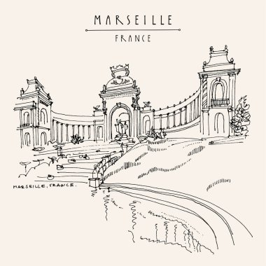 Marsilya, Fransa kartpostalı. Palais Longchamps 'da. Fransız turizm el çizimi. Retro stili sanatsal seyahat lineer eskizi. Klasik el çizimi turistik kartpostal, poster, çizgi resim çizimi