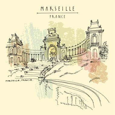 Marsilya, Fransa kartpostalı. Palais Longchamps 'da. Fransız turizm el çizimi. Retro stili sanatsal seyahat lineer eskizi. Klasik el çizimi turistik kartpostal, poster, çizgi resim çizimi