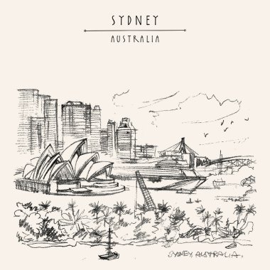 Sydney, New South Wales, Avustralya turistik kartpostalı. Gemileri, tekneleri, palmiyeleri olan Sydney limanı. Avustralyalı seyahat çizimi. Klasik seyahat el yapımı poster arka planı. Sanatsal illüstrasyon