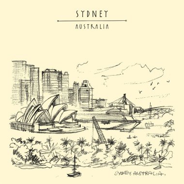 Sydney, New South Wales, Avustralya turistik kartpostalı. Gemileri, tekneleri, palmiyeleri olan Sydney limanı. Avustralyalı seyahat çizimi. Klasik seyahat el yapımı poster arka planı. Sanatsal illüstrasyon