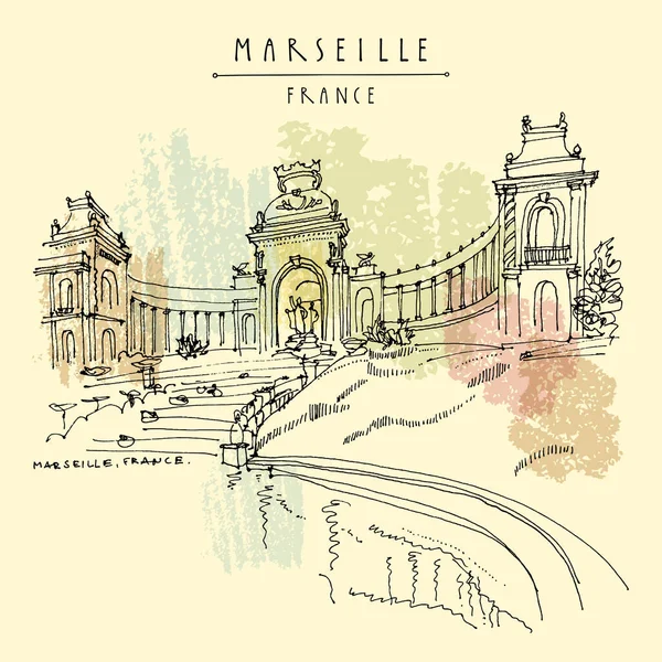 Marsella Francia Palais Longchamps Dibujo Mano Del Turismo Francés Esbozo — Vector de stock