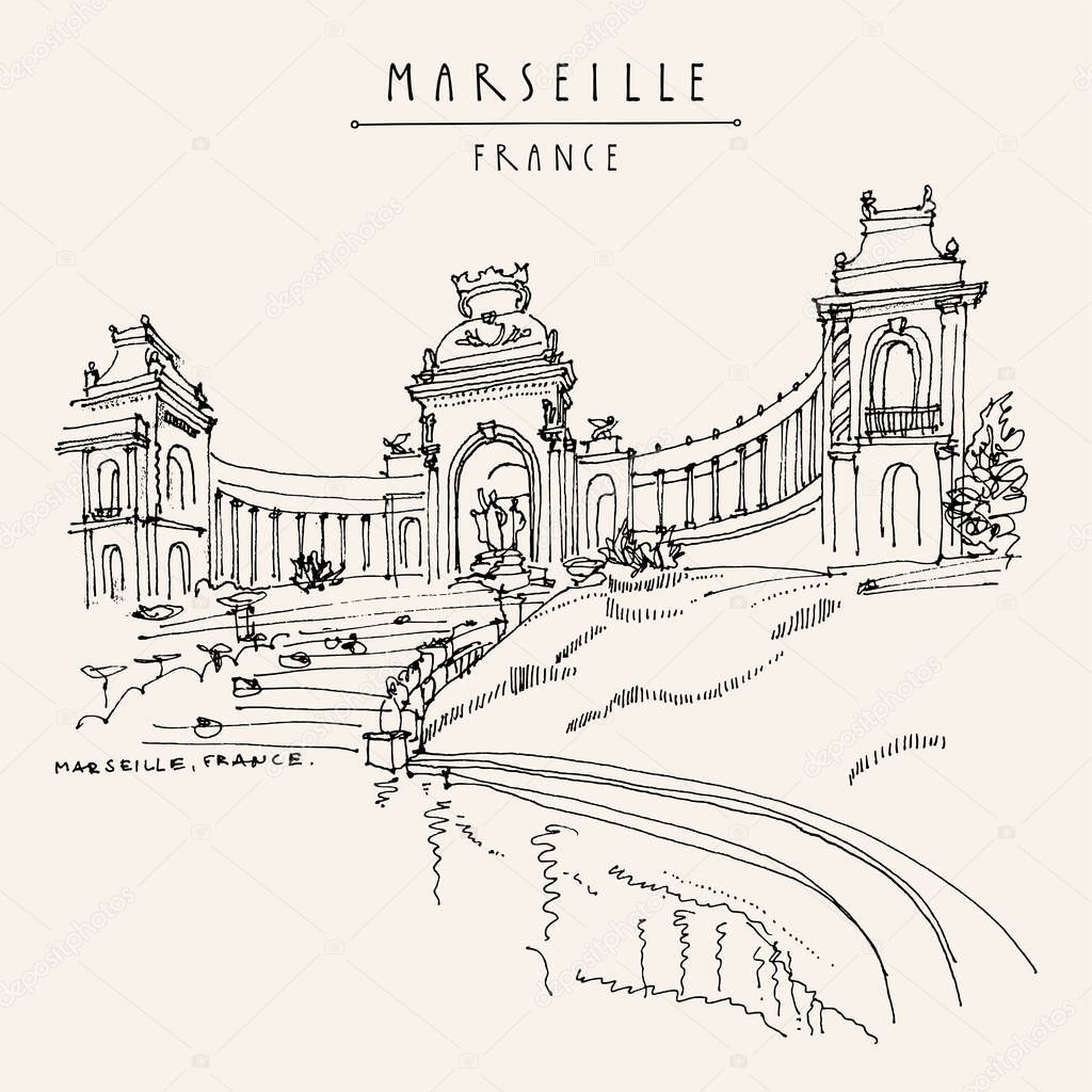 Marseille, France postcard. Palais Longchamps. French tourism hand drawing. Retro style artistic travel linear sketch. Vintage hand drawn touristic postcard, poster, line art book illustration