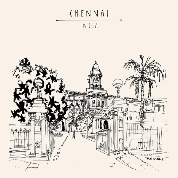 Chennai Madras Tamil Nadu India Postcard 公司大楼 美丽的英式殖民地建筑在印度 旅行草图 手绘陈乃用古董手绘明信片图解 — 图库矢量图片