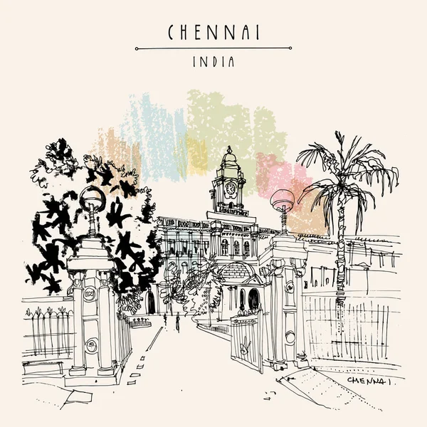 Chennai Madras Tamil Nadu Ινδική Κάρτα Κτίριο Όμορφη Βρετανική Εποχή — Διανυσματικό Αρχείο