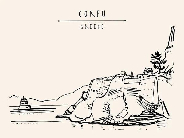 Corfou Kerkyra Grèce Carte Postale Dessin Main Dans Style Rétro — Image vectorielle