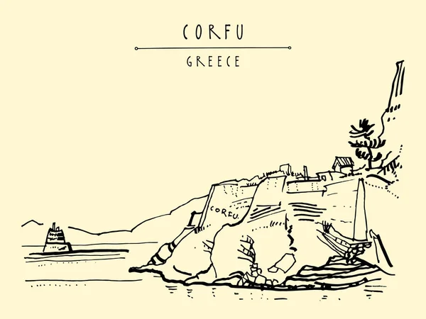 Corfú Kerkyra Grecia Postal Dibujo Mano Estilo Retro Esbozo Viaje — Vector de stock