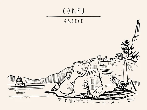 Corfù Kerkyra Grecia Cartolina Disegno Mano Stile Retrò Schizzo Viaggio — Vettoriale Stock