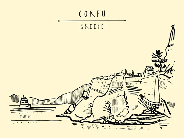 Corfú Kerkyra Grecia Postal Dibujo Mano Estilo Retro Esbozo Viaje — Vector de stock