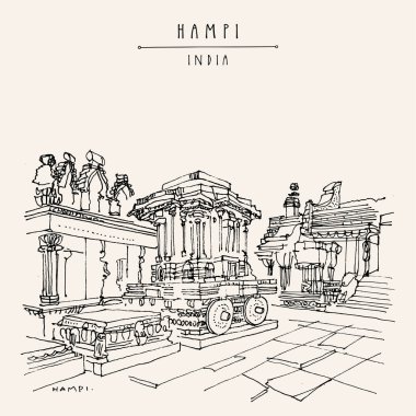 Hampi kartpostalı. Karnataka, Hindistan. Vijayanagara İmparatorluğu 'nun 14. yüzyıl başkenti. Ancent Vittala (Vitthala) tapınağı. Miras Yolculuğu skeci. El yapımı seyahat kartı, poster illüstrasyonu