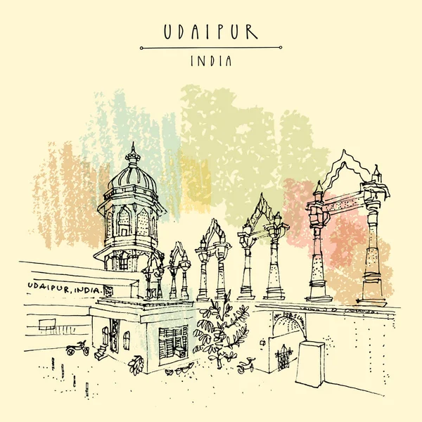 Udaipur Rajasthan India Postcard Beautiul Old Indian Architecture Hand Drawn — Vector de stock