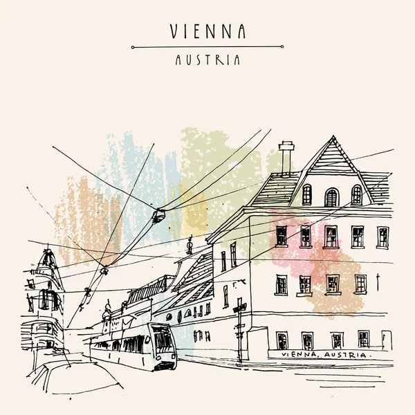 Bécs Ausztria Európa Utazási Képeslap Utcai Kilátás Villamossal Kézrajz Utazási — Stock Vector