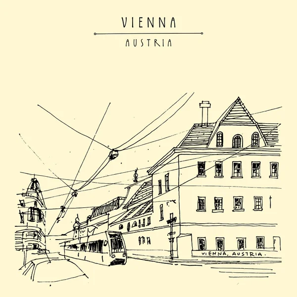 ウィーン オーストリア ヨーロッパ旅行はがき 路面電車で街の景色 手描き 旅行のスケッチ レトロなスタイルでヴィンテージ観光はがき ポスター パンフレットやアートブックイラスト — ストックベクタ