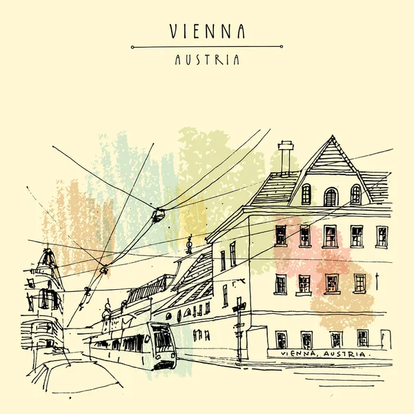 비엔나 오스트리아 전차가 손그리기 스케치 고전적 고문서학적 포스터 팜플렛 삽화가 — 스톡 벡터