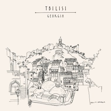 Tiflis, Georgia kartpostalı. Müslüman mahallesi (Azerbaycan distiksi). Sülfür banyosu, Narikala kalesi, güzel evler. Seyahat çizimi. El yapımı klasik turistik poster, broşür çizimi