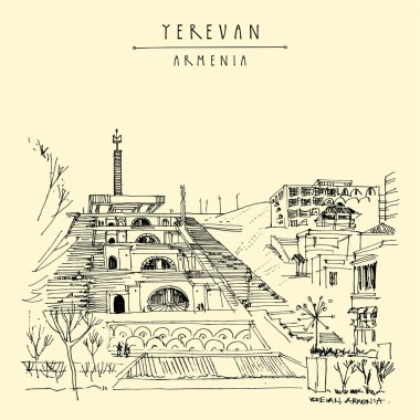 Erivan, Ermenistan kartpostalı. Meşhur Şelale kompleksi. Turist eğlencesi seyahat çizimi. El yapımı klasik turistik kartpostal, poster, kitap veya takvim illüstrasyonları