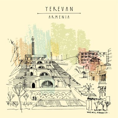 Yerevan, Armenia postcard. Famous Cascade complex. Tourist attraction Travel sketch drawing. Hand drawn vintage touristic postcard, poster, book or calendar illustration