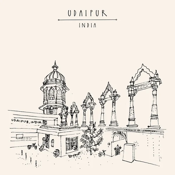 Udaipur Rajasthan Inde Carte Postale Beautiul Ancienne Architecture Indienne Esquisse — Image vectorielle