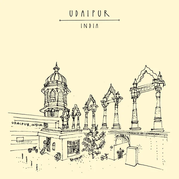 Udaipur Rajasthan India Postcard Beautiul Old Indian Architecture Hand Drawn — стоковый вектор