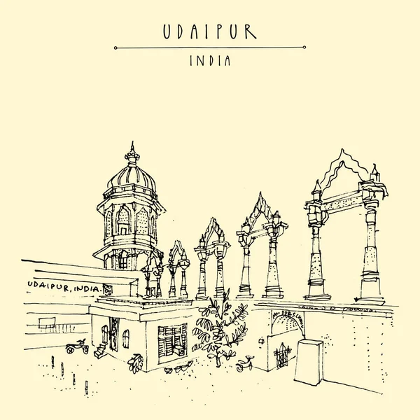Udaipur Rajasthan India Postcard Beautiul Old Indian Architecture Hand Drawn — ストックベクタ