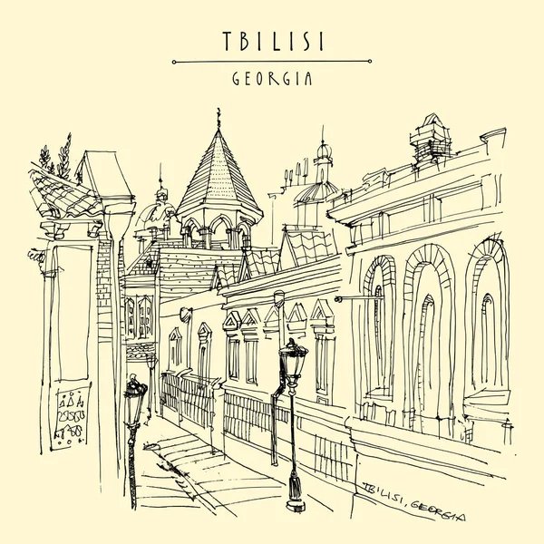 Tbilisi Postal Georgia Callejón Casco Antiguo Acogedora Vista Calle Dibujo — Vector de stock