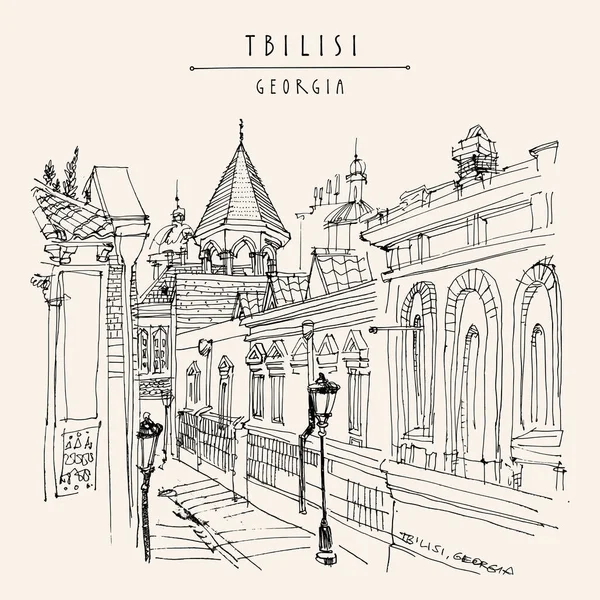 Tbilisi Postal Georgia Callejón Casco Antiguo Acogedora Vista Calle Dibujo — Vector de stock