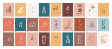 Boho soyut Fas 'tan esinlenilmiş el yapımı posterler. Soyut organik estetik duvar sanatı. Etnik Bohem Fas duvar resimleri çizimi. Medine mimari kartpostalları kızarık renklerde