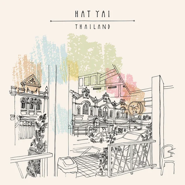 Şapka Yai, Tayland kartpostalı. Eski kasabanın Çin dükkanları sokak manzaralı. Güney Tayland 'ın Songkhla eyaletindeki tarihi binalar. Seyahat skeci. El yapımı vintage poster