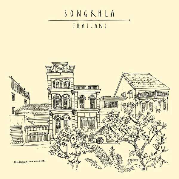 Cartolina Songkhla Thailandia Vecchia Città Case Vista Sulla Strada Edifici — Vettoriale Stock