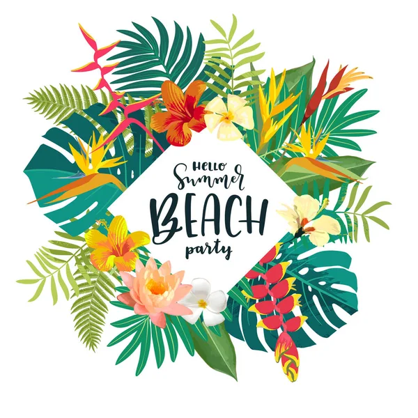 Scheda Calligrafica Summer Beach Party Cartolina Estiva Con Foglie Tropicali — Vettoriale Stock