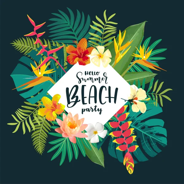 Scheda Calligrafica Summer Beach Party Cartolina Estiva Con Foglie Tropicali — Vettoriale Stock