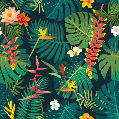 Yaz kusursuz tekrarlama kalıbı. Canlı renklerde güzel tropikal orman egzotik yaprakları. Yaz dönemi tasarımı fayanslı arkaplan. Canavar, amber çiçeği, cennet kuşu, sarmaşık çiçeği dijital kağıt.