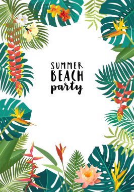Yaz Plajı Partisi güzel orman egzotik yaprakları broşür, poster, afiş şablonu. Kaligrafik yaz tasarımı. Canavar, amber çiçeği, cennet kuşu, tropikal bitkiler. Yaz dönemi illüstrasyonu