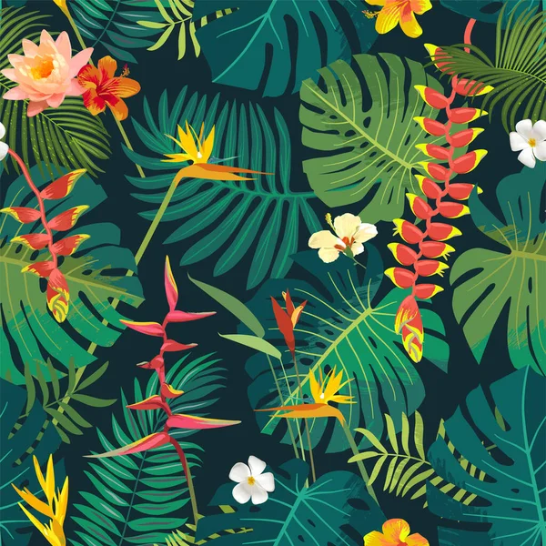 Summer Seamless Repeat Pattern Beautiful Tropical Jungle Exotic Leaves Vivid — Stockvektor