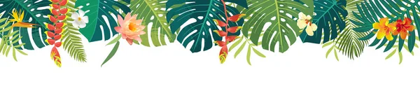 Bright Hawaiian Summer Beautiful Jungle Exotic Leaves Long Horizontal Banner —  Vetores de Stock