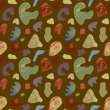 Hand drawn seamless pattern. Abstract organic shapes pattern. Free form elements digital paper in earthtone colors. Camuflage fabric surface design artistic endless texture. Muted neutral color scheme