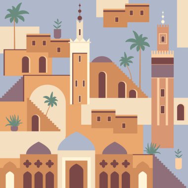 Abstract Middle Eastern town flat illustration. Architecture pattern. Morocco inspired flat illustration with mosque, tower, house, plants, palm trees. Collection of flat buildings. Travel clip art