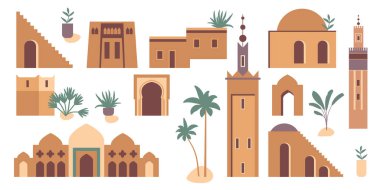 Architecture set. Morocco inspired flat illustration with mosque, tower, house, plants, palm trees. Graphic ollection of earthy colored buildings clip art. Abstract travel design template