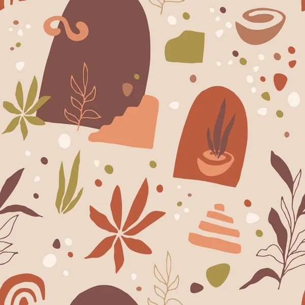 Organic Shapes Seamless Pattern Pottery Leaves Abstract Elements Mid Century — ストックベクタ